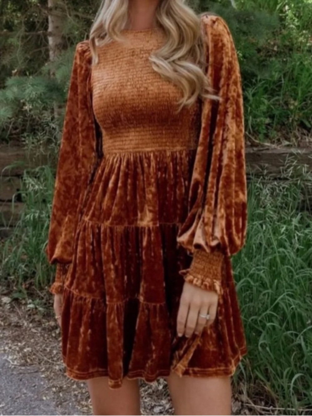 Baltic Born Kele crushed velvet long puff sleeve rust copper mini dress small